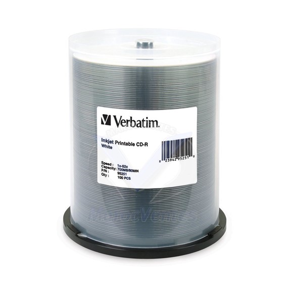 Verbatim 700 MB 52x 80 Minute White Inkjet Printable Recordable Disc CD-R, 100-Disc Spindle 95251